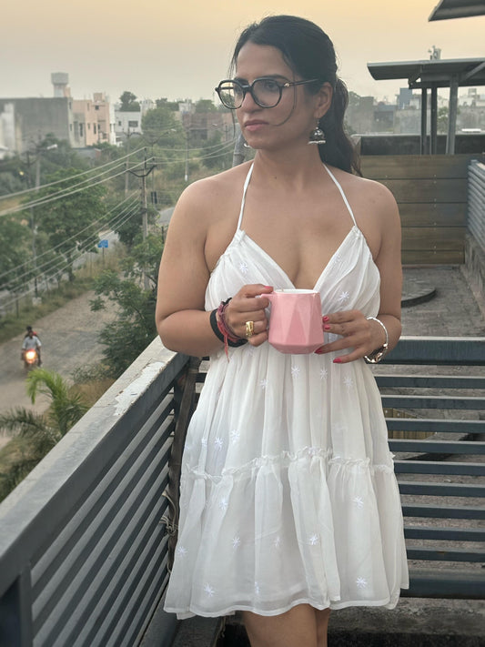 Shiddat off-white Chikankari mini dress — lifestyle, evening and occasion wear