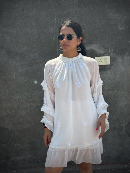 Adaa off-white Chikankari ruffle mini dress — front view, three-tier ruffle sleeves
