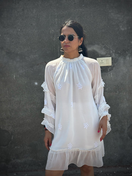Adaa off-white Chikankari ruffle mini dress — front view, three-tier ruffle sleeves
