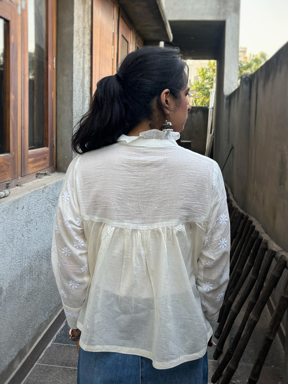Mehr off-white Chikankari yoke top — back view, full sleeves, relaxed fit