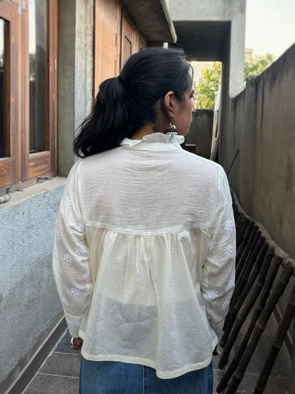 Mehr off-white Chikankari yoke top — back view, full sleeves, relaxed fit
