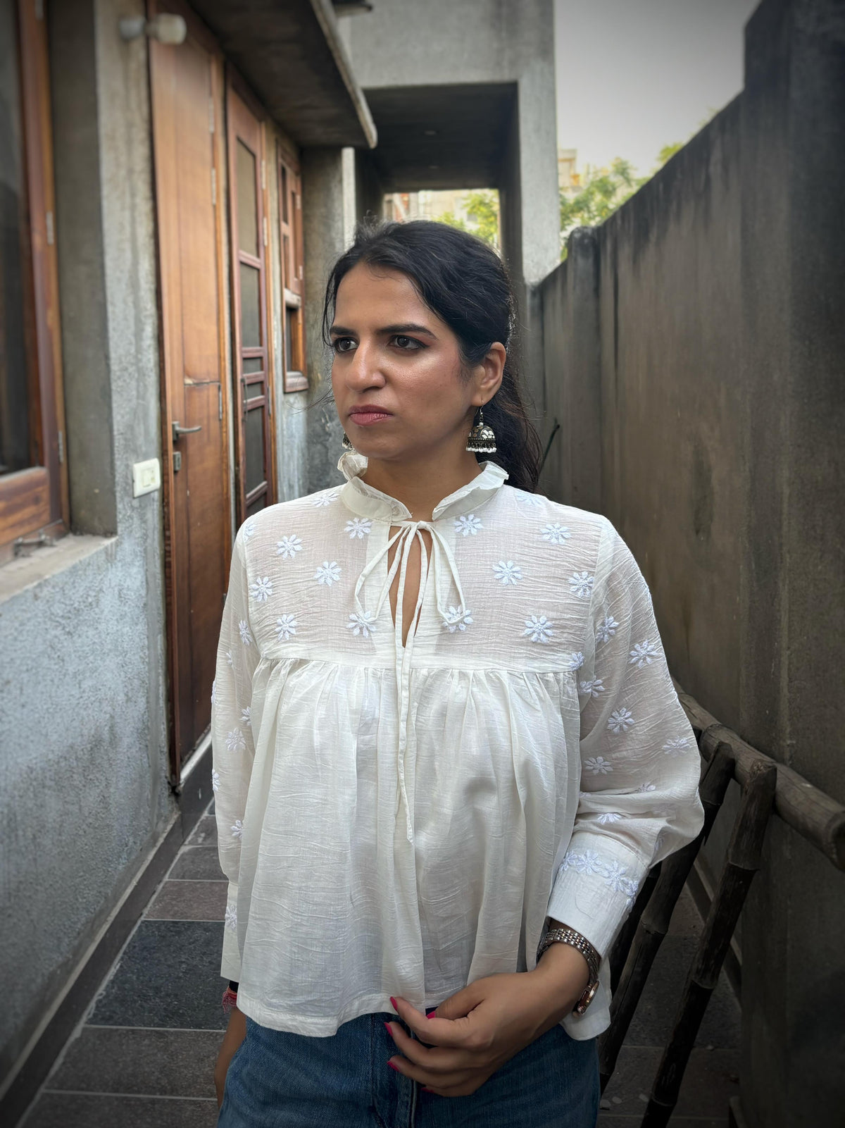 Mehr off-white Chikankari yoke top — front view, full sleeves, frilled keyhole neckline