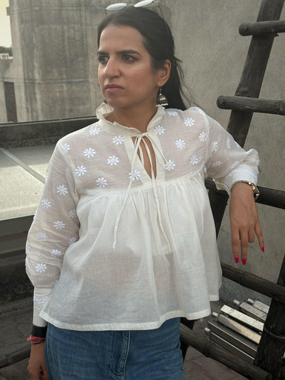 Mehr off-white Chikankari yoke top — lifestyle casually standing, everyday wear