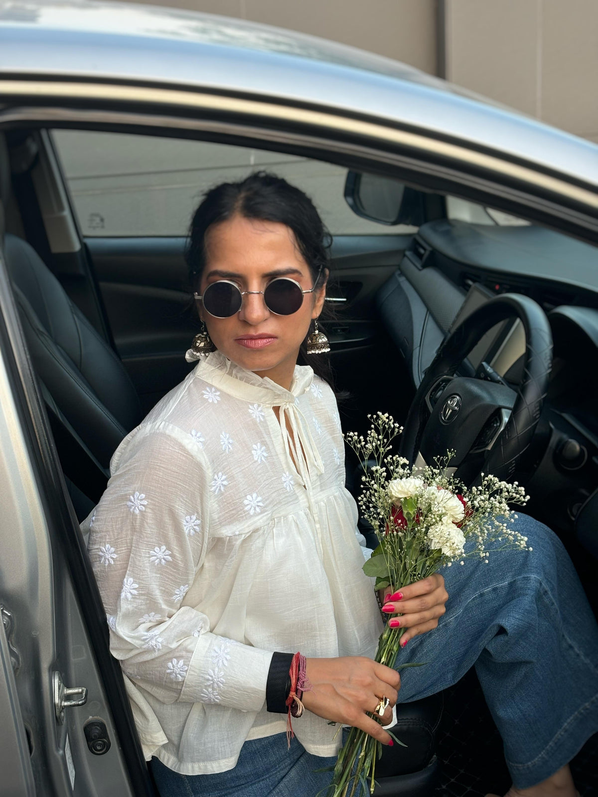 Mehr off-white Chikankari yoke top — lifestyle, everyday wear