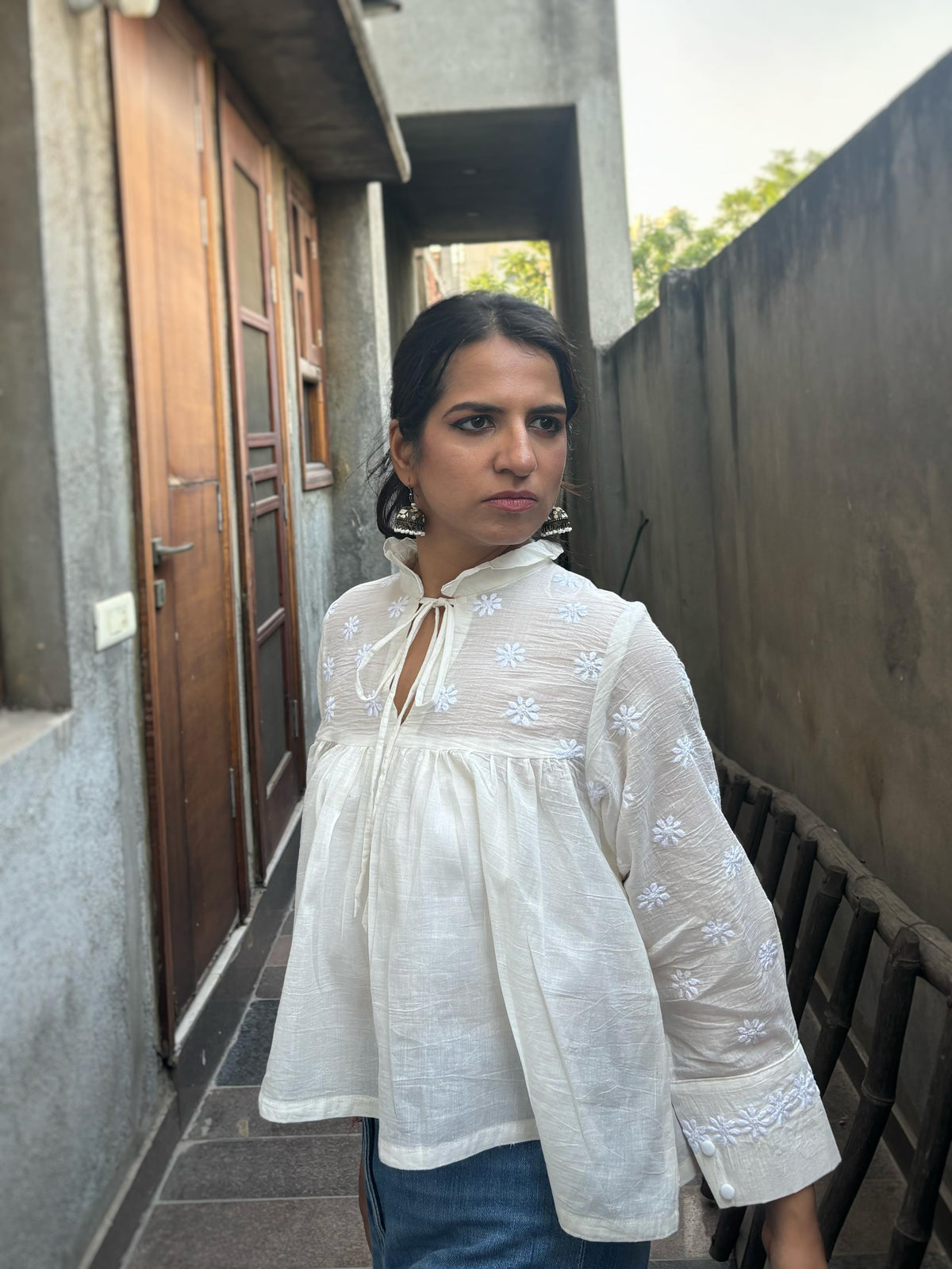 Mehr off-white Chikankari yoke top — right side view, full sleeves, Kora cotton