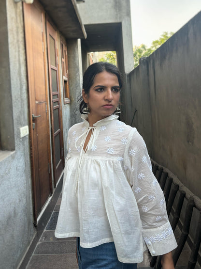 Mehr off-white Chikankari yoke top — right side view, full sleeves, Kora cotton