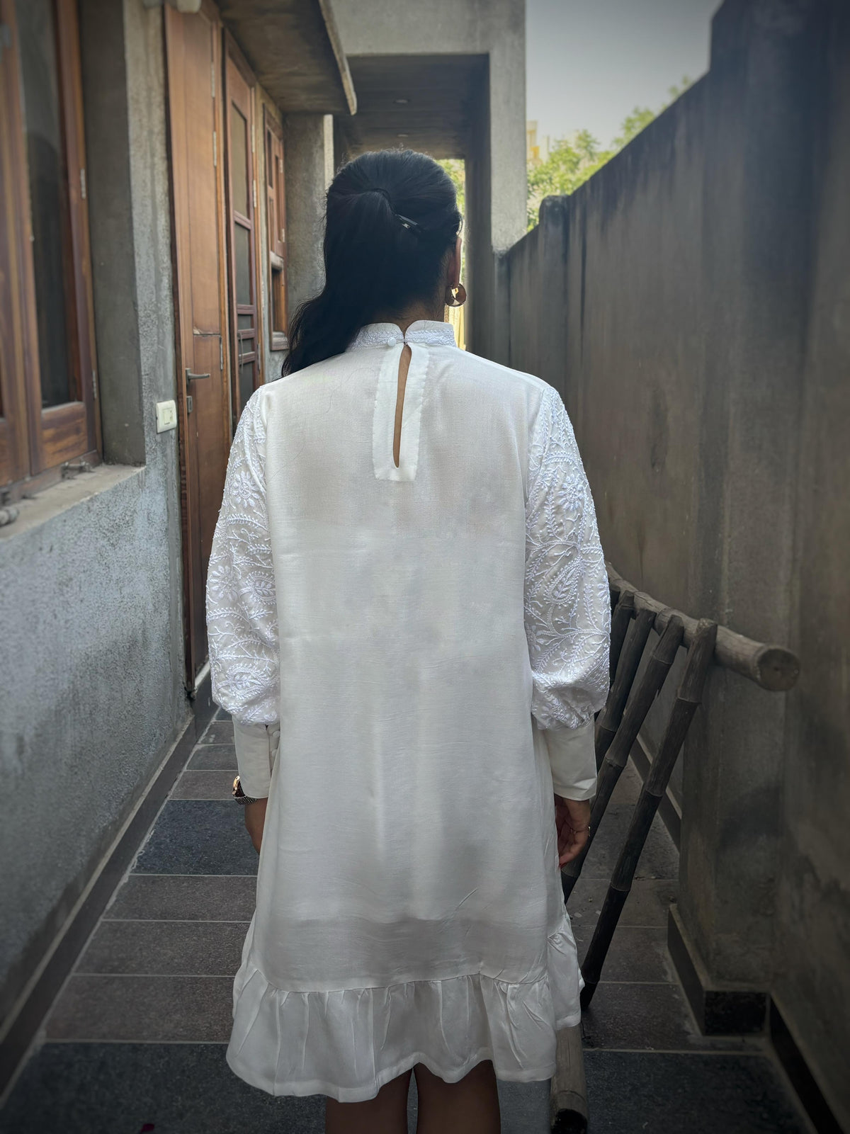 Nazaakat off-white Chikankari bishop sleeve midi dress — back view, A-line silhouette