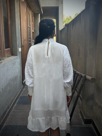Nazaakat off-white Chikankari bishop sleeve midi dress — back view, A-line silhouette