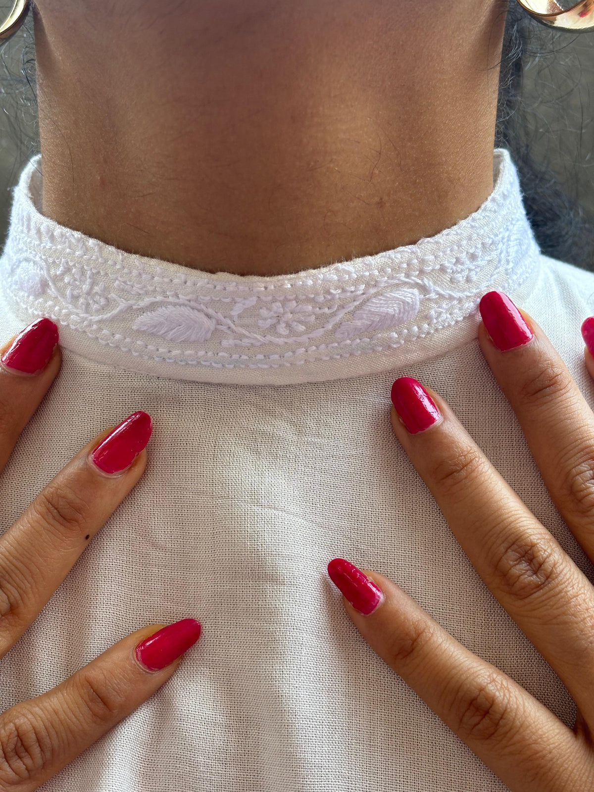 Nazaakat — Lucknow hand-embroidered Chikankari bail on neck band, close up