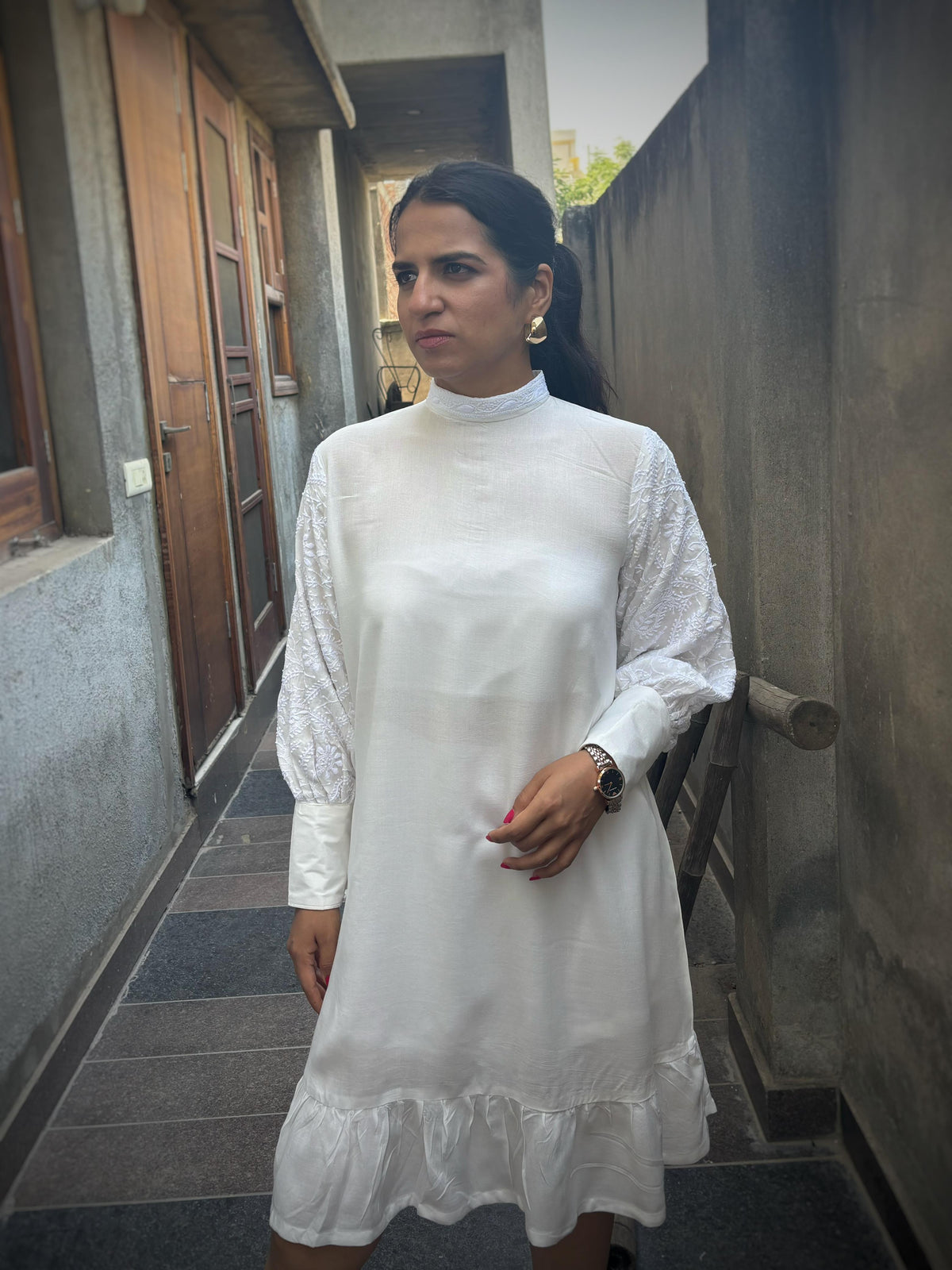 Nazaakat off-white Chikankari bishop sleeve midi dress — front view, stand collar