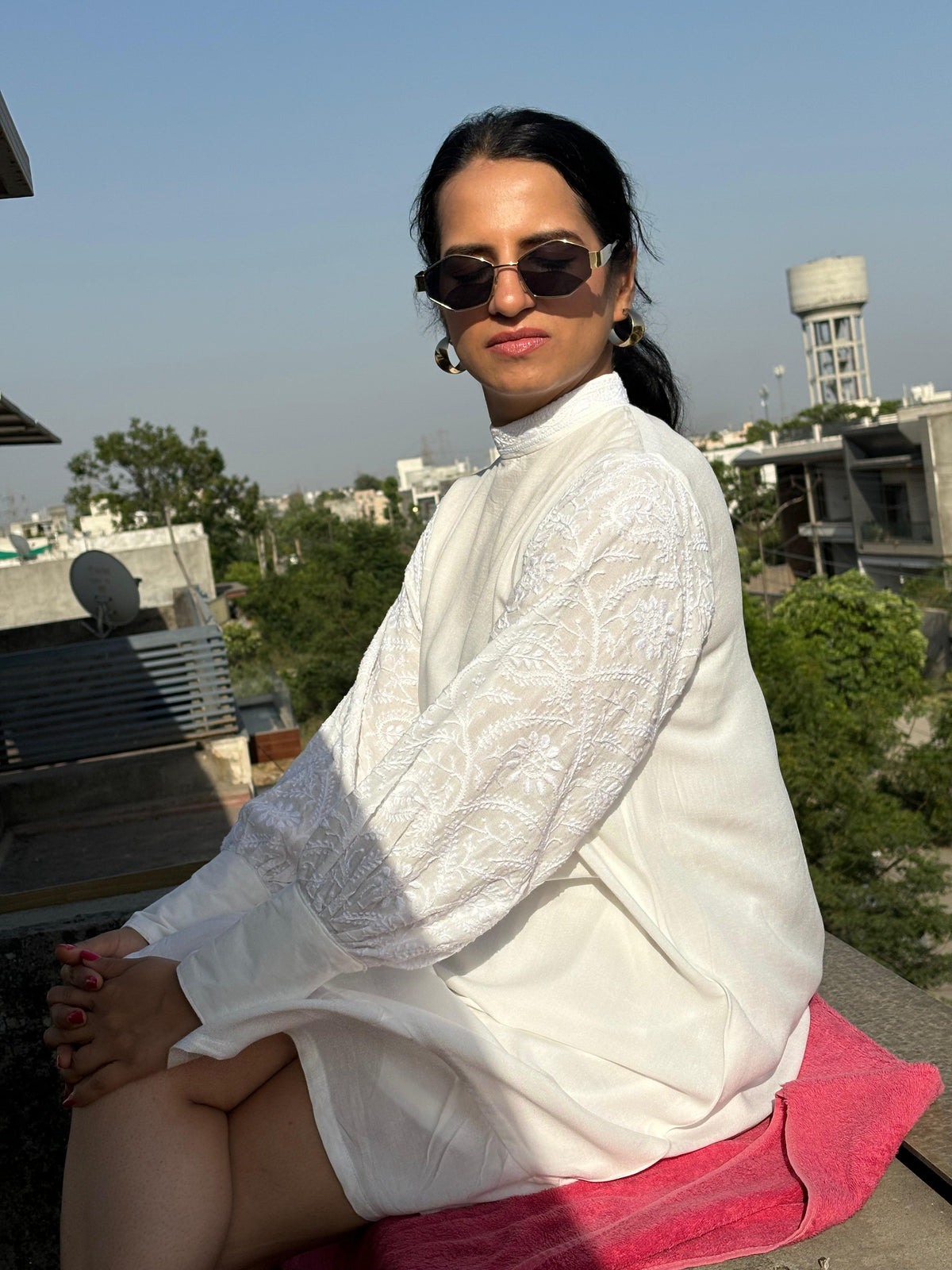 Nazaakat off-white Chikankari midi dress — lifestyle sitting on fence, versatile everyday and occasion wear