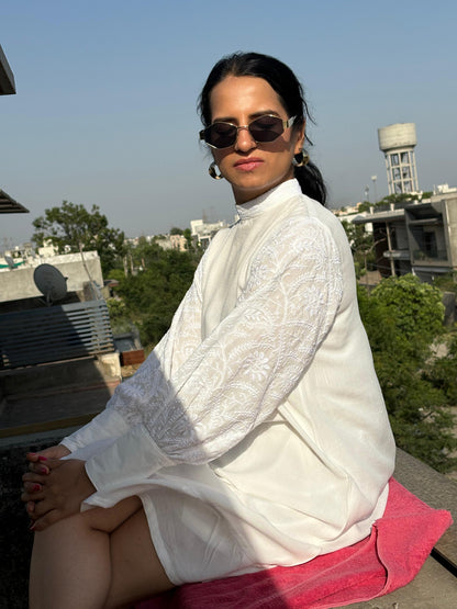 Nazaakat off-white Chikankari midi dress — lifestyle sitting on fence, versatile everyday and occasion wear