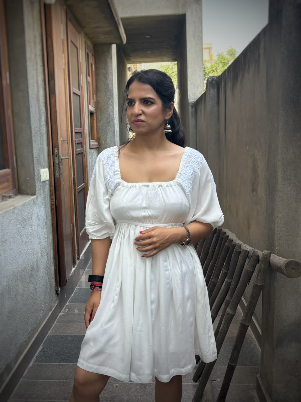 Rahat off-white Chikankari off-shoulder midi dress — front view, empire waist, gathered skirt