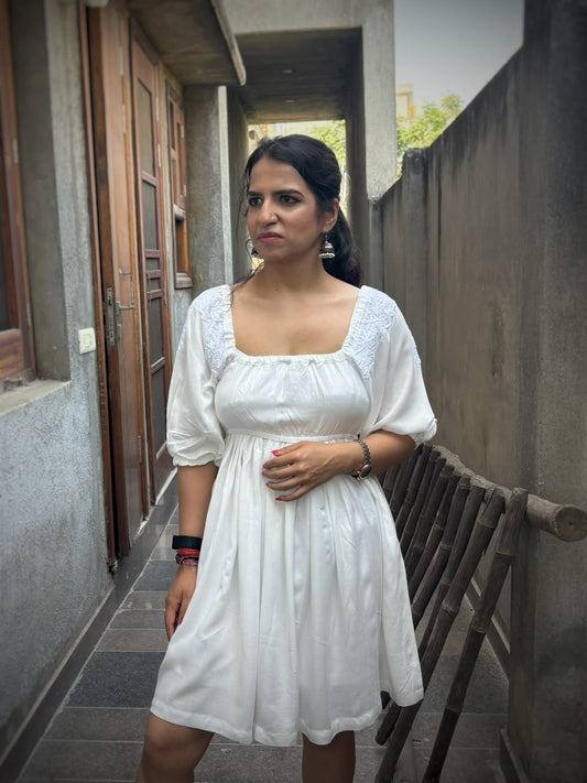 Rahat off-white Chikankari off-shoulder midi dress — front view, empire waist, gathered skirt