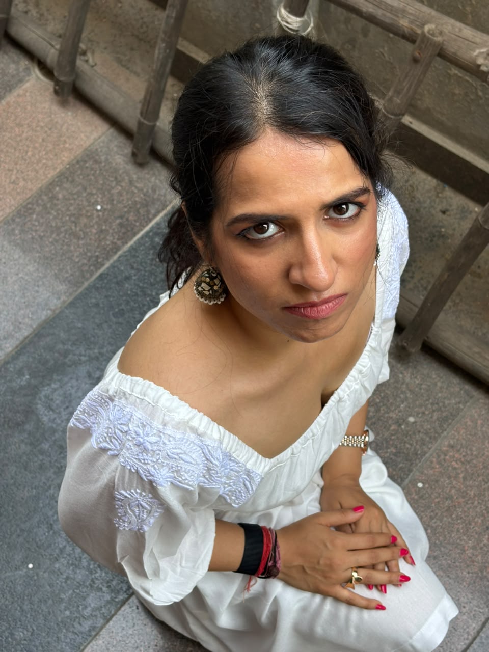 Rahat off-white Chikankari midi dress — top view, empire waist, gathered skirt