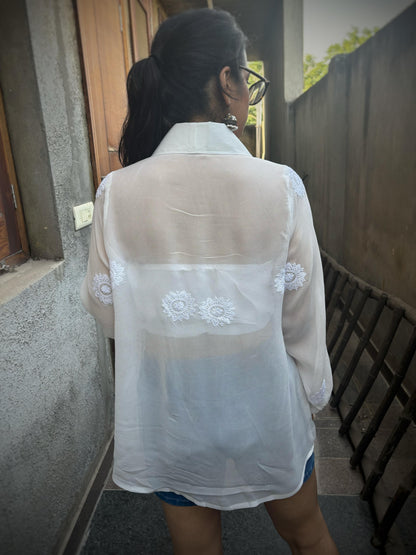 Rooh off-white Chikankari oversized shirt — back view, puff sleeves, Georgette fabric