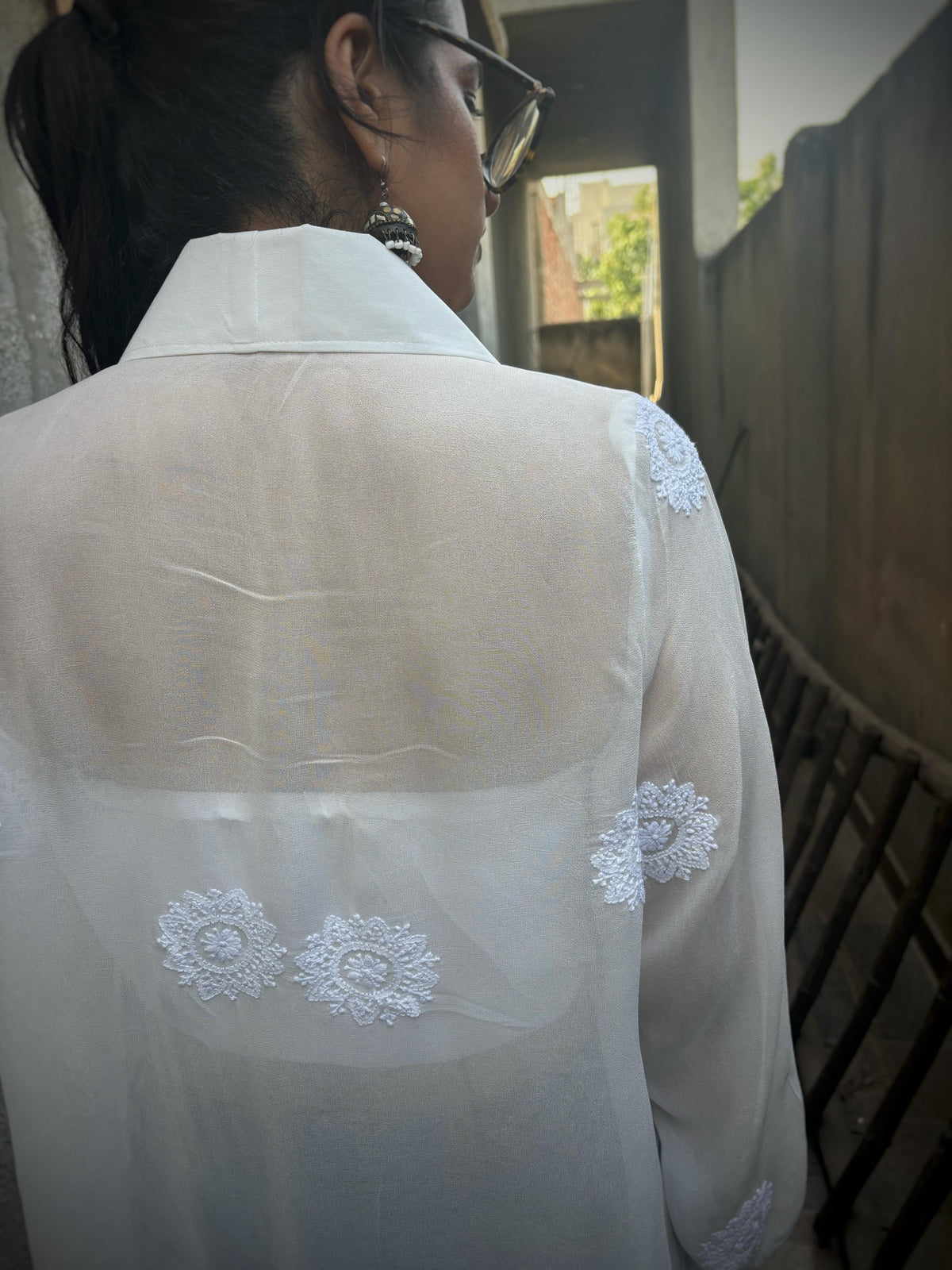 Rooh — Lucknow hand-embroidered Chikankari mandala bootis on shirt, close up back view