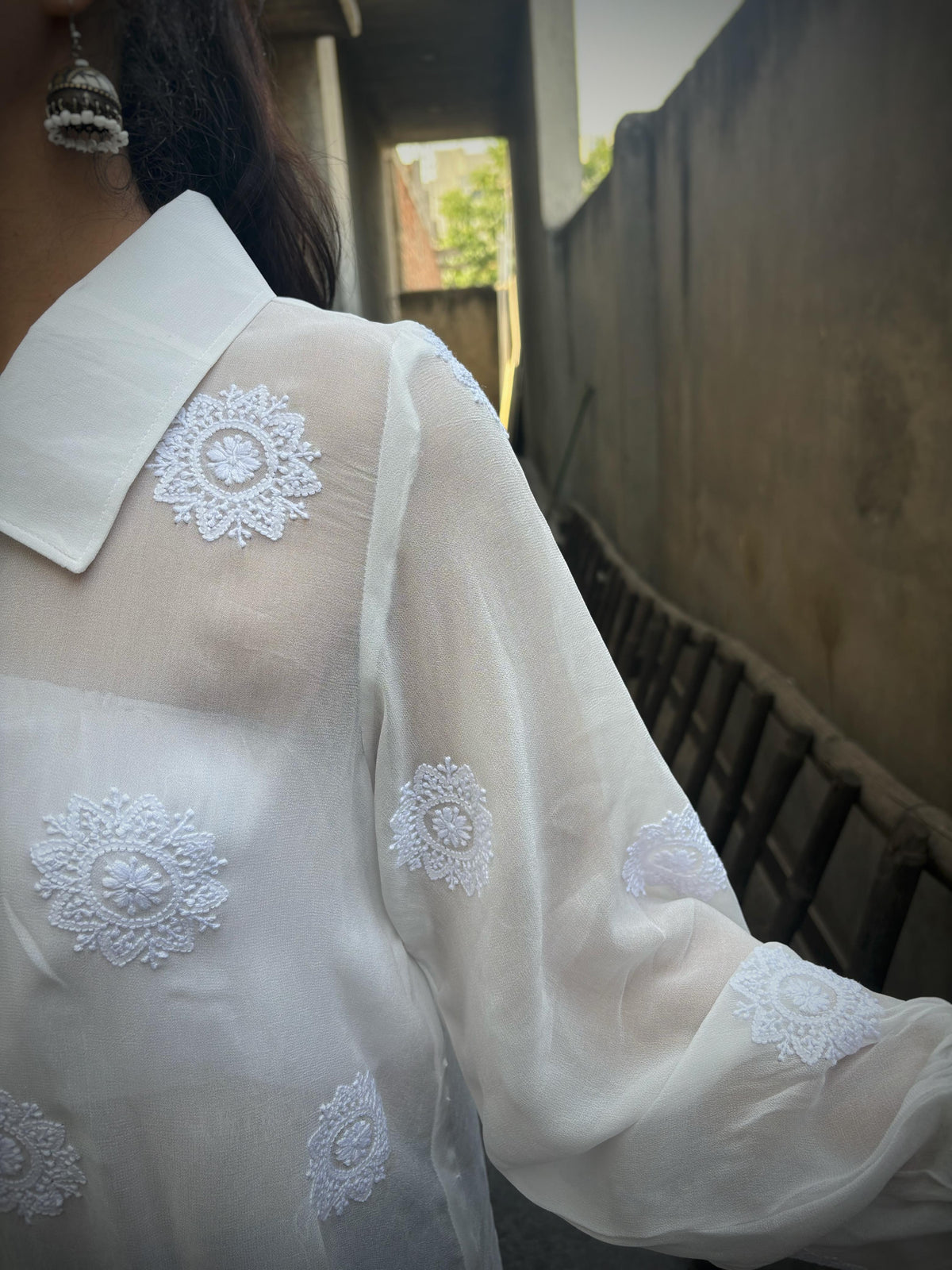Rooh — Lucknow hand-embroidered Chikankari mandala bootis on shirt, close up front view