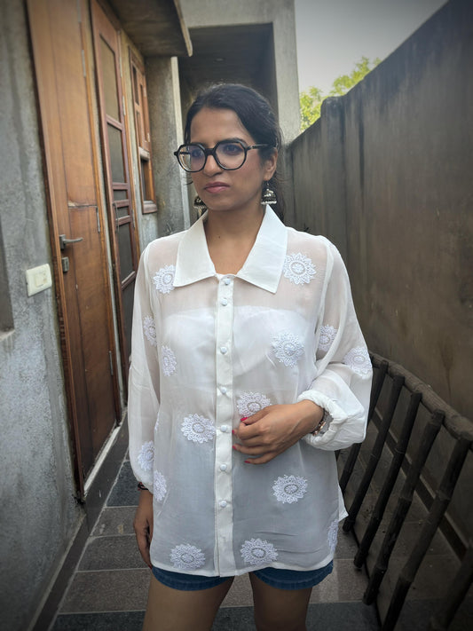 Rooh off-white Chikankari oversized shirt — front view, classic collar, button-down front