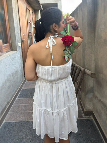 Shiddat off-white Chikankari halter neck mini dress — back view, fully open back, neck tie