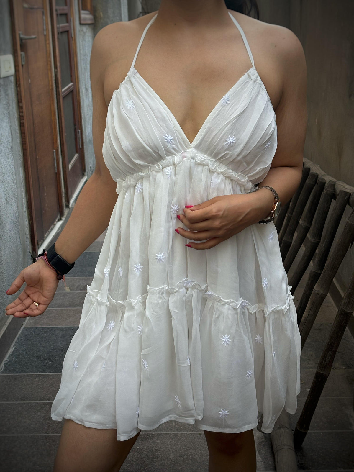 Shiddat — Lucknow hand-embroidered Chikankari sitara bootis on dress bodice, close up