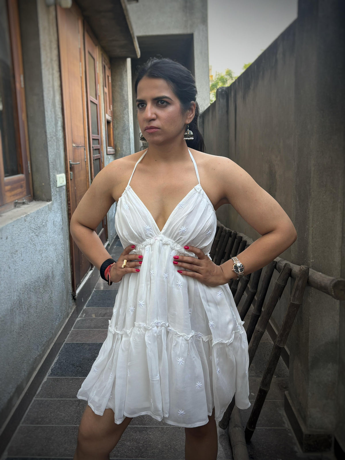 Shiddat off-white Chikankari halter neck mini dress — front view, deep V neckline