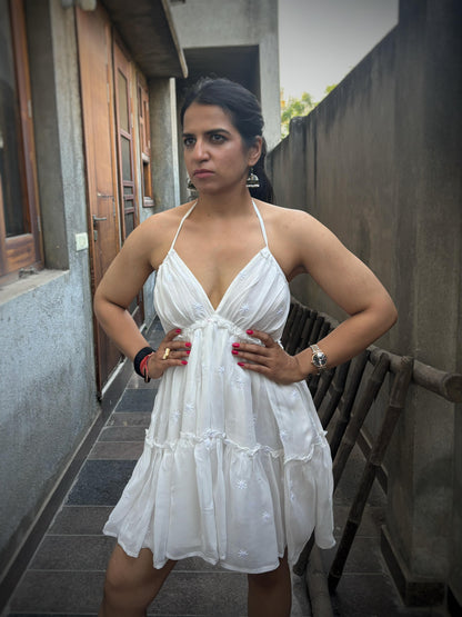 Shiddat off-white Chikankari halter neck mini dress — front view, deep V neckline