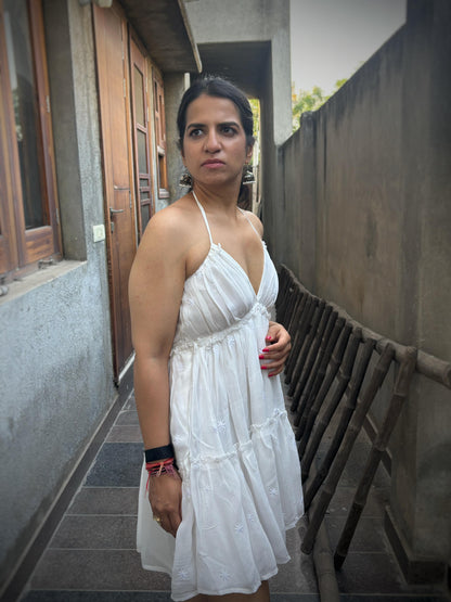 Shiddat off-white Chikankari mini dress — right side view, two-tier skirt, ruffle hem
